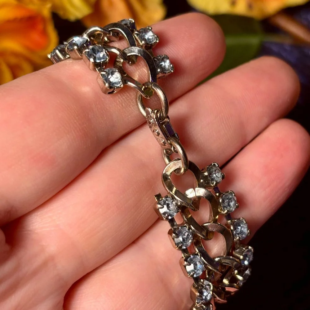 Vintage 1950's silver-toned bracelet and choker set with light blue rhinestones